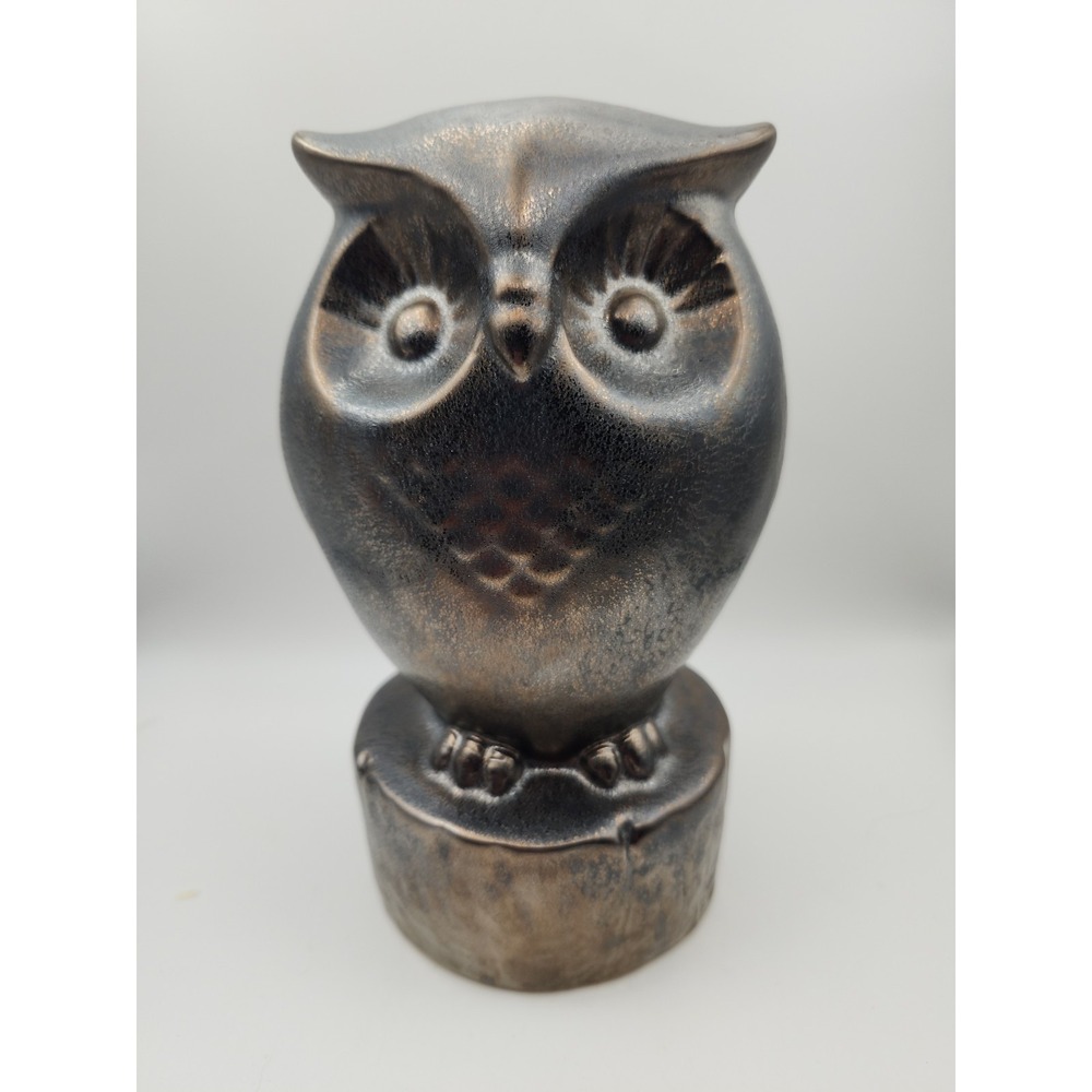 Vintage Mid Century Brutalist Ceramic Owl Figurine Metallic Bronze McNees LS312